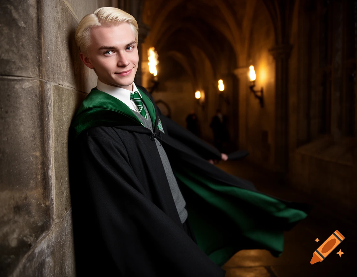 Blond young man in a black and green robe and tie leaning on a stone wall in a dimly lit, arched hallway, smiling.