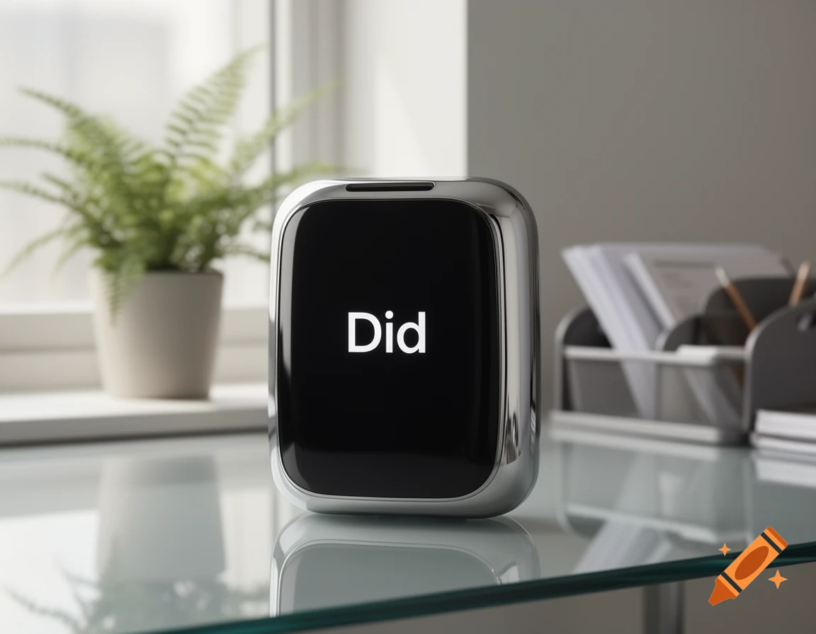 A sleek, silver and black electronic device displaying 'Did' on its screen, on a glass desk with a plant.