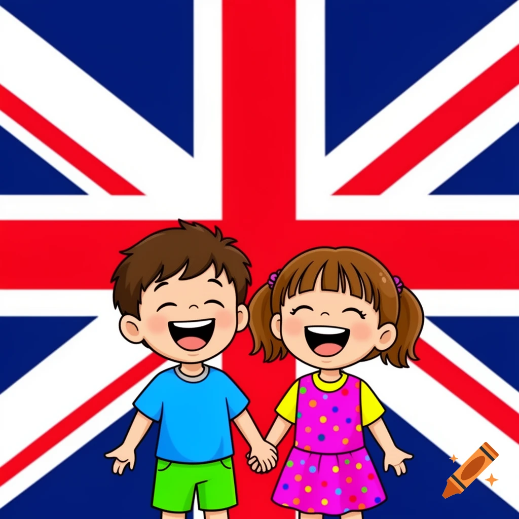 A smiling cartoon boy and girl holding hands in front of a Union Jack flag.