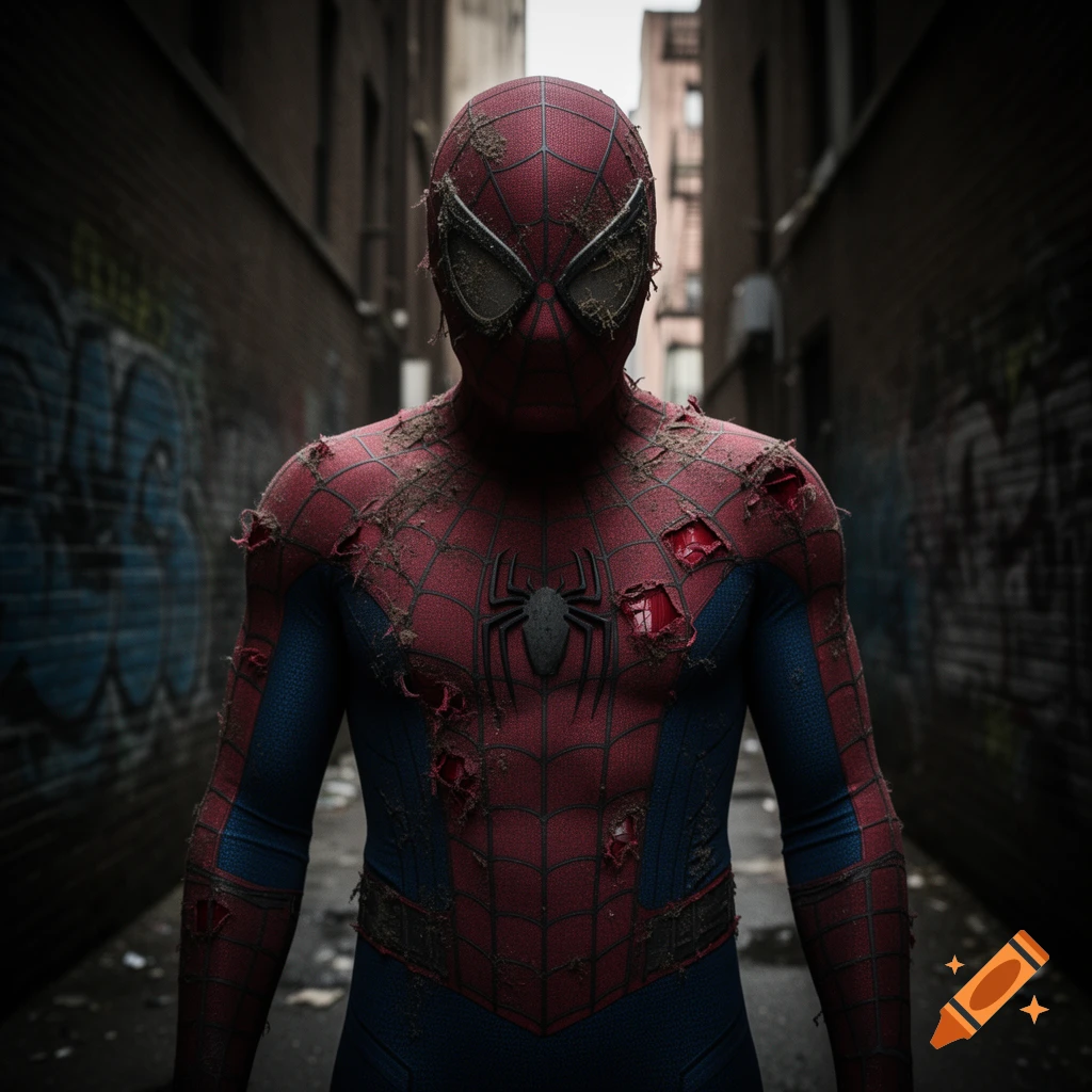 A gritty, tattered Spider-Man in a dirty red and blue suit stands in a dark alleyway, looking forward.