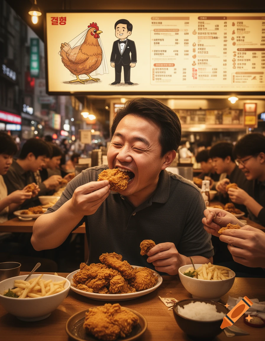 A man happily eats fried chicken in a restaurant, a cartoon sign depicts a chicken bride and a groom.