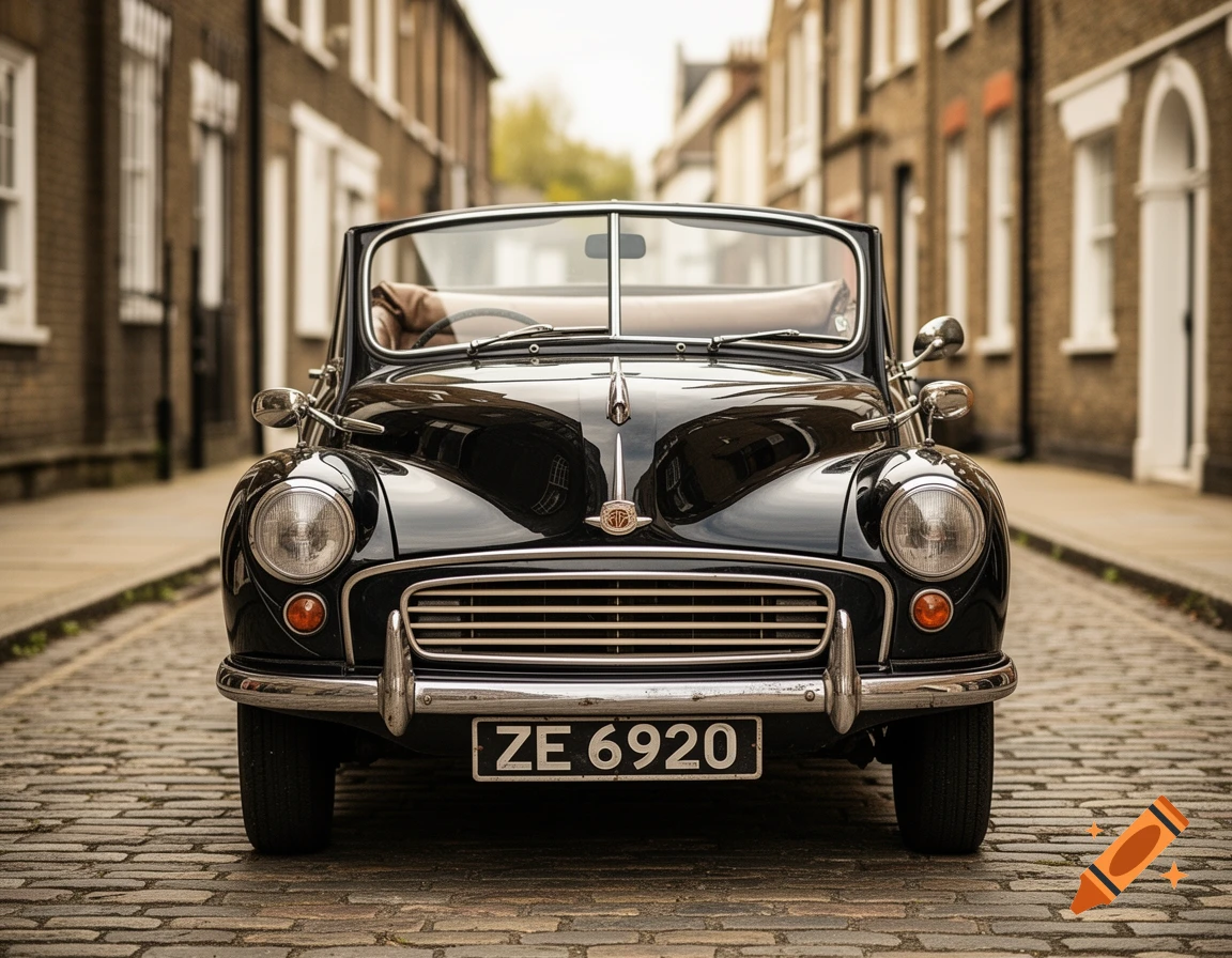Photorealistic front view of a black 1950 Morris Minor convertible car parked on a cobblestone street.