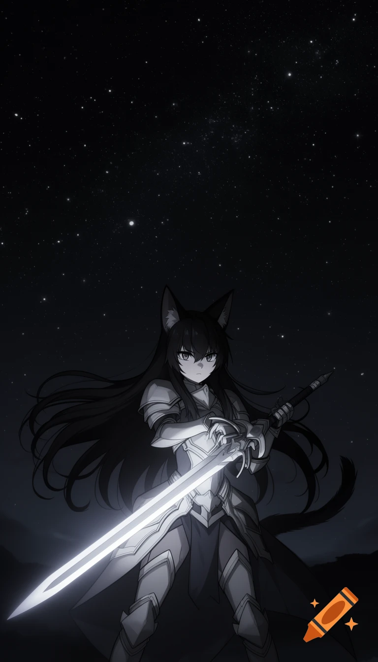 Anime cat-girl knight in armor holds a glowing sword under a starry night sky.