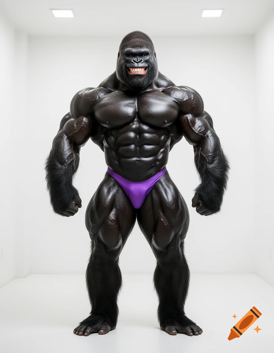 A hyper-muscular gorilla-human hybrid bodybuilder wearing a purple posing thong, standing in a white room.