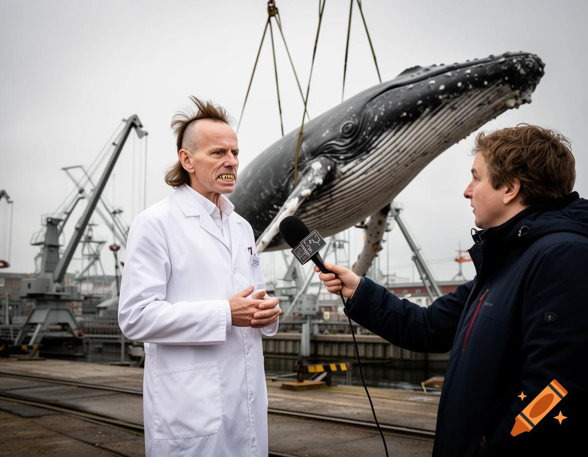 A man in a lab coat with a mullet and gold teeth is interviewed by a reporter at a dock, with a large humpback whale hanging from a crane in the background.