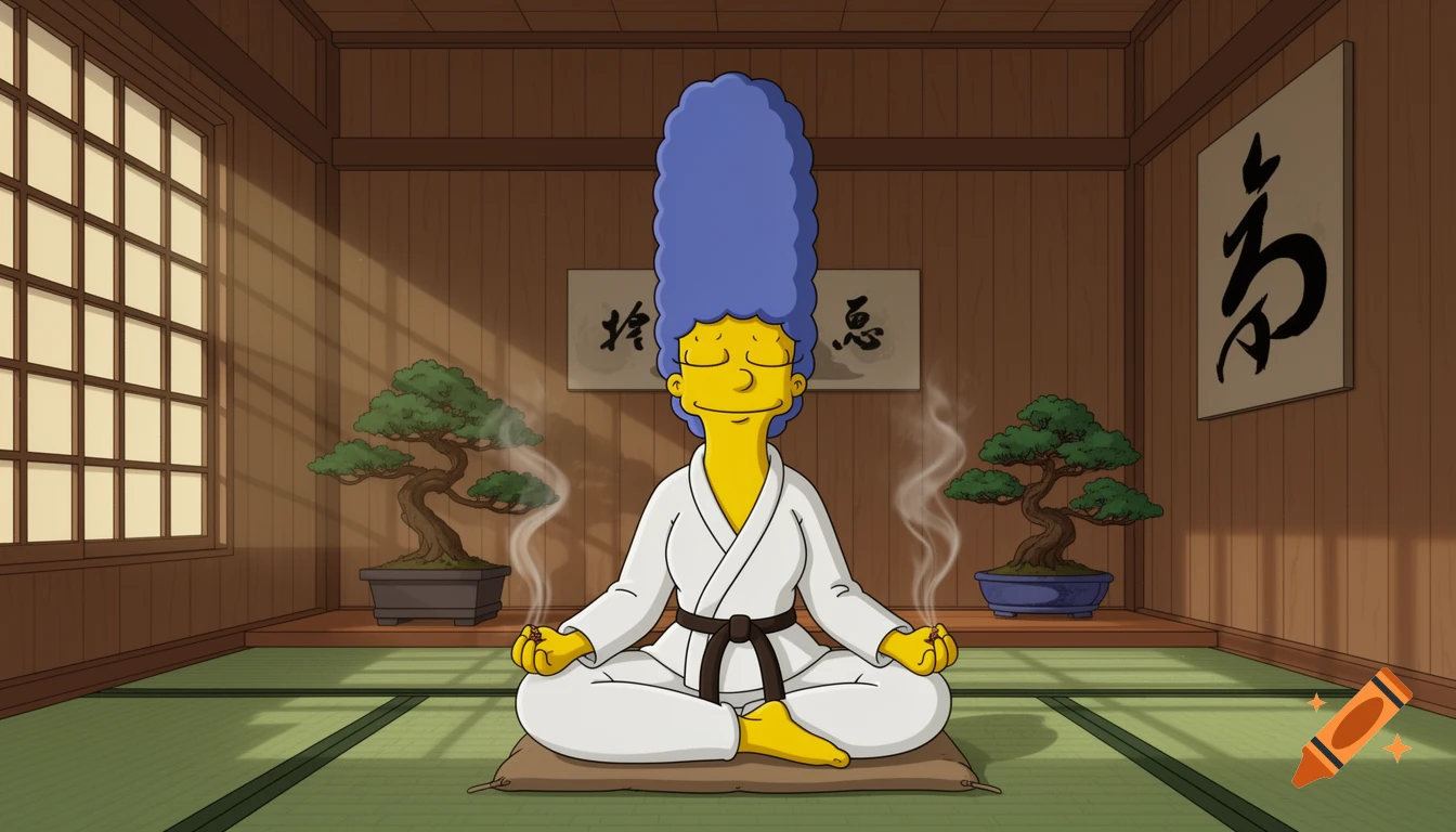 Marge Simpson in a white gi meditates with closed eyes in a traditional Japanese dojo, surrounded by bonsai trees.