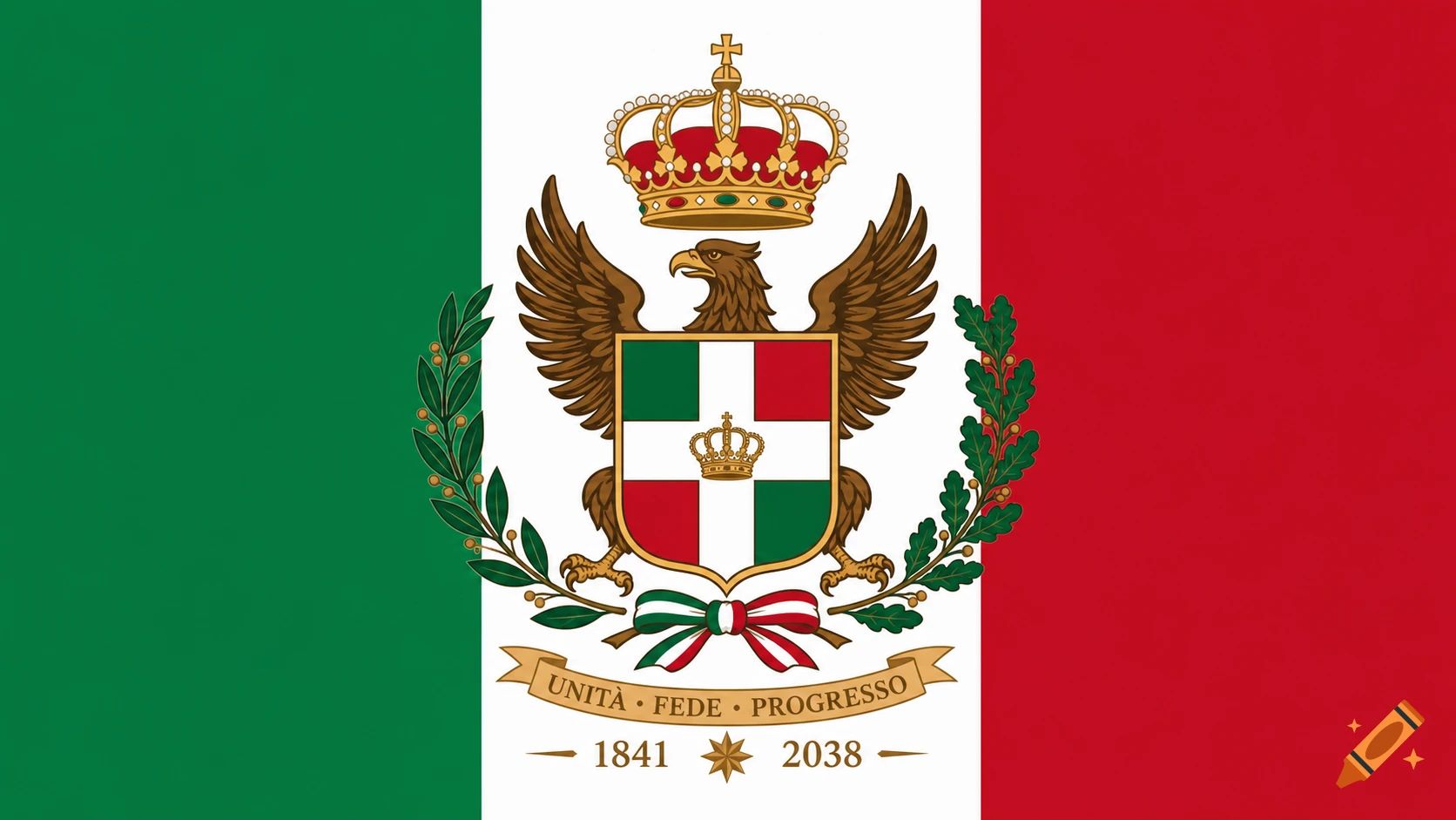 A flag with vertical green, white, and red stripes. The white stripe features a detailed emblem with an eagle, crown, shield, and a banner with Italian text and dates.