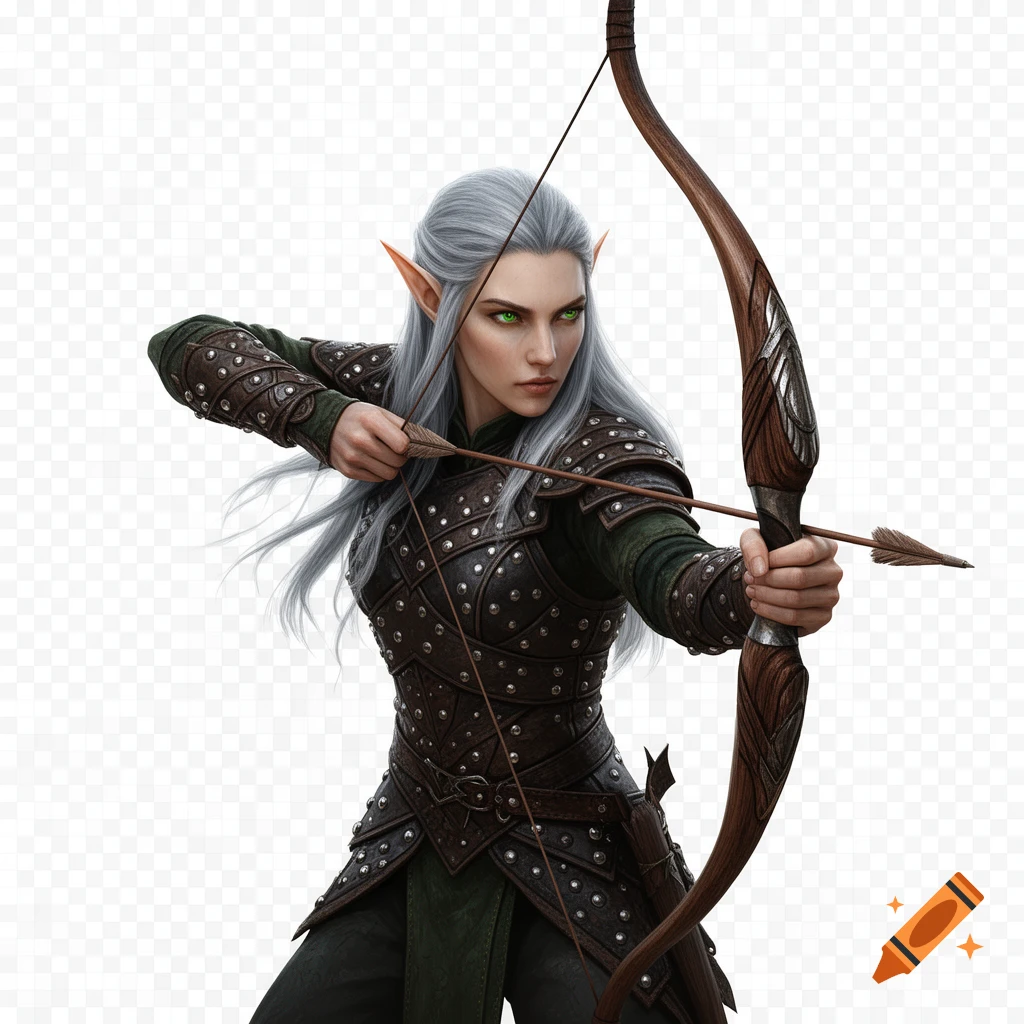 A female elf ranger with long grey hair and green eyes, wearing studded leather armor, aiming a longbow with an arrow drawn.