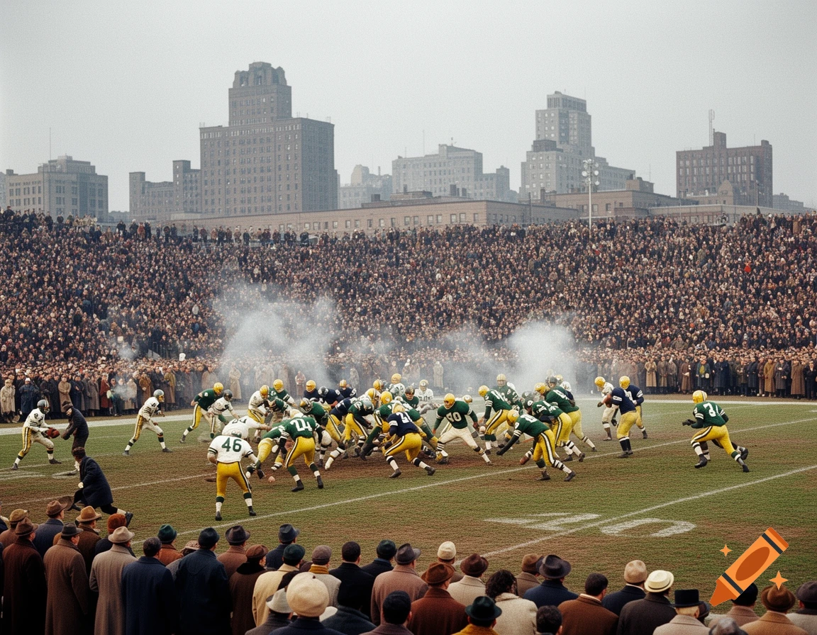 Vintage photorealistic image of an American football game with players in green and yellow uniforms, a large stadium crowd, and city buildings.
