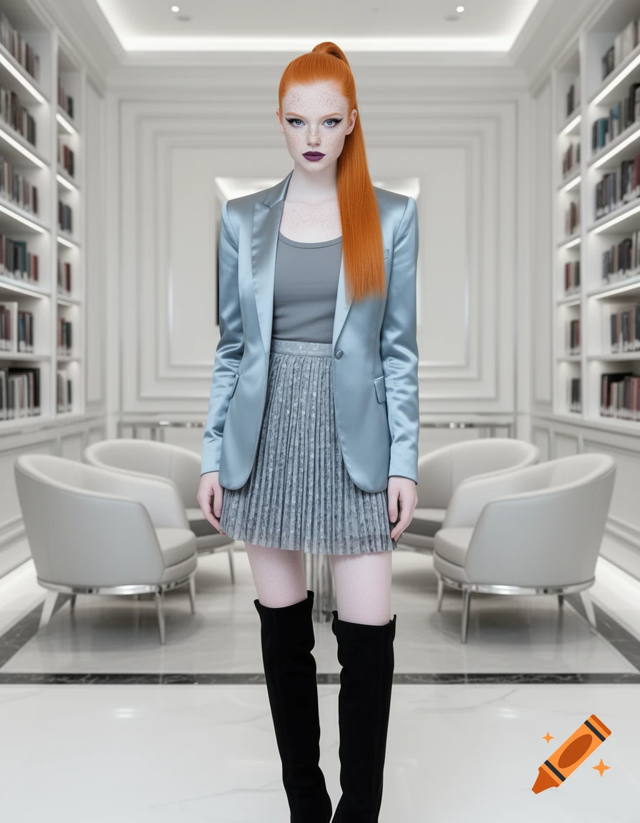 A tall, pale young woman with long orange hair in a high ponytail, wearing a light blue satin blazer, pleated skirt, and black boots in a modern library lounge.