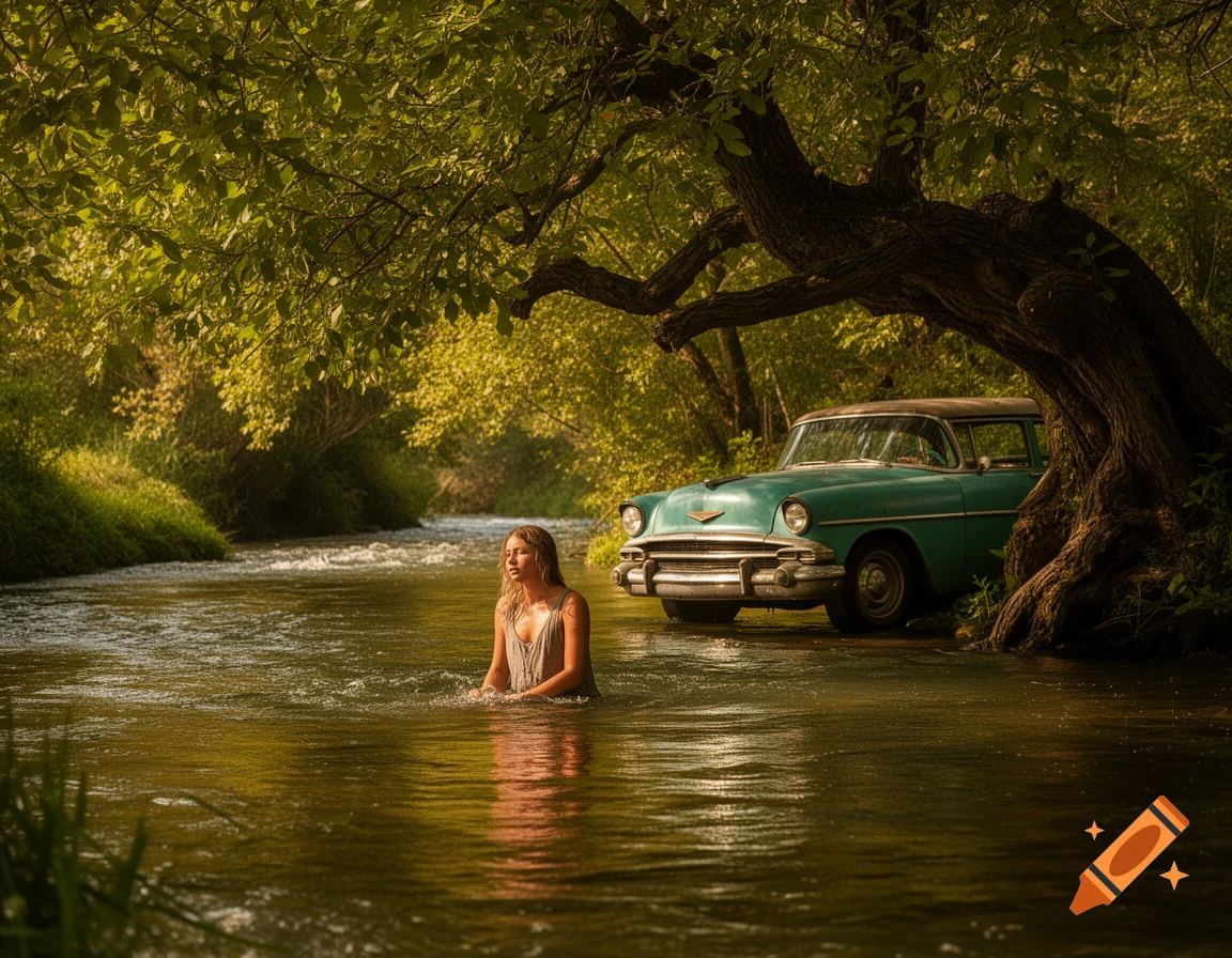 A woman wades in a shallow creek next to a vintage teal car parked under a large tree in a sunlit forest, photorealistic.
