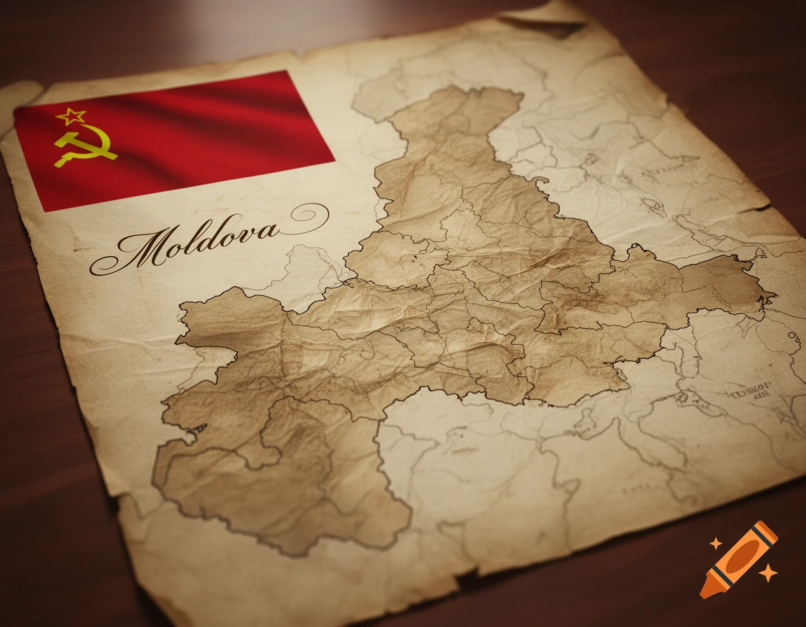 An old, crumpled map of Moldova with a Soviet Union flag in the top left corner, on a wooden surface.