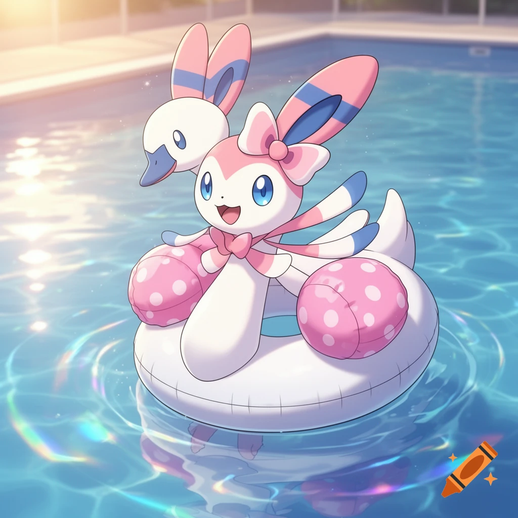 Cute anime Sylveon floats in a pool on a swan inner tube with pink polka dot arm floaties.