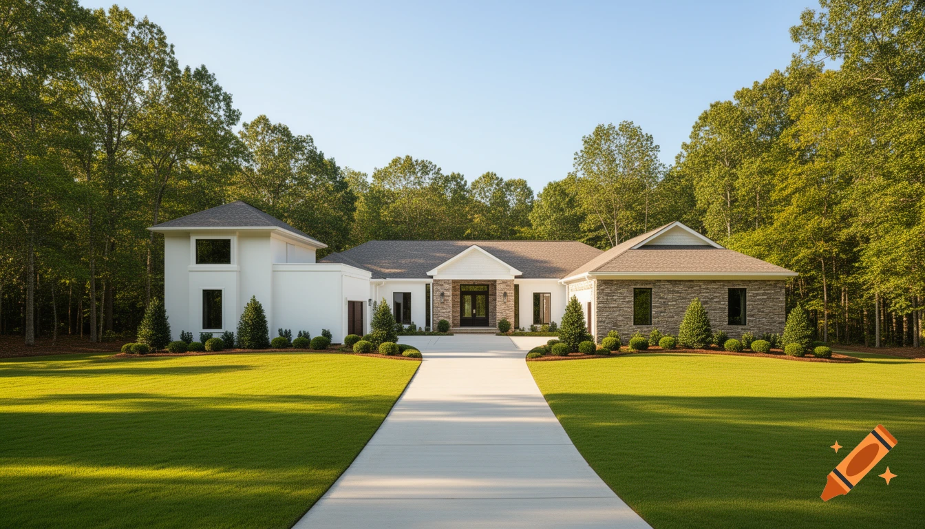 Photorealistic exterior of a modern luxury estate home with white stucco, stone, a green lawn, wide driveway, and surrounding trees under a clear sky.