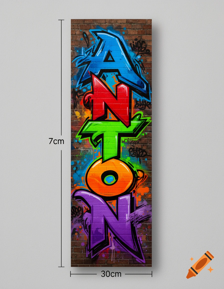 Colorful graffiti art spelling 'ANTON' vertically on a brick wall, with measurement lines indicating 7cm x 30cm.