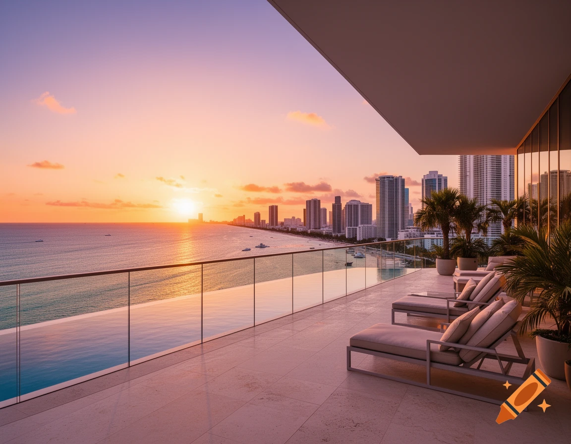 Luxury penthouse balcony with lounge chairs and infinity pool, overlooking a Miami cityscape, ocean, and beach at sunset.