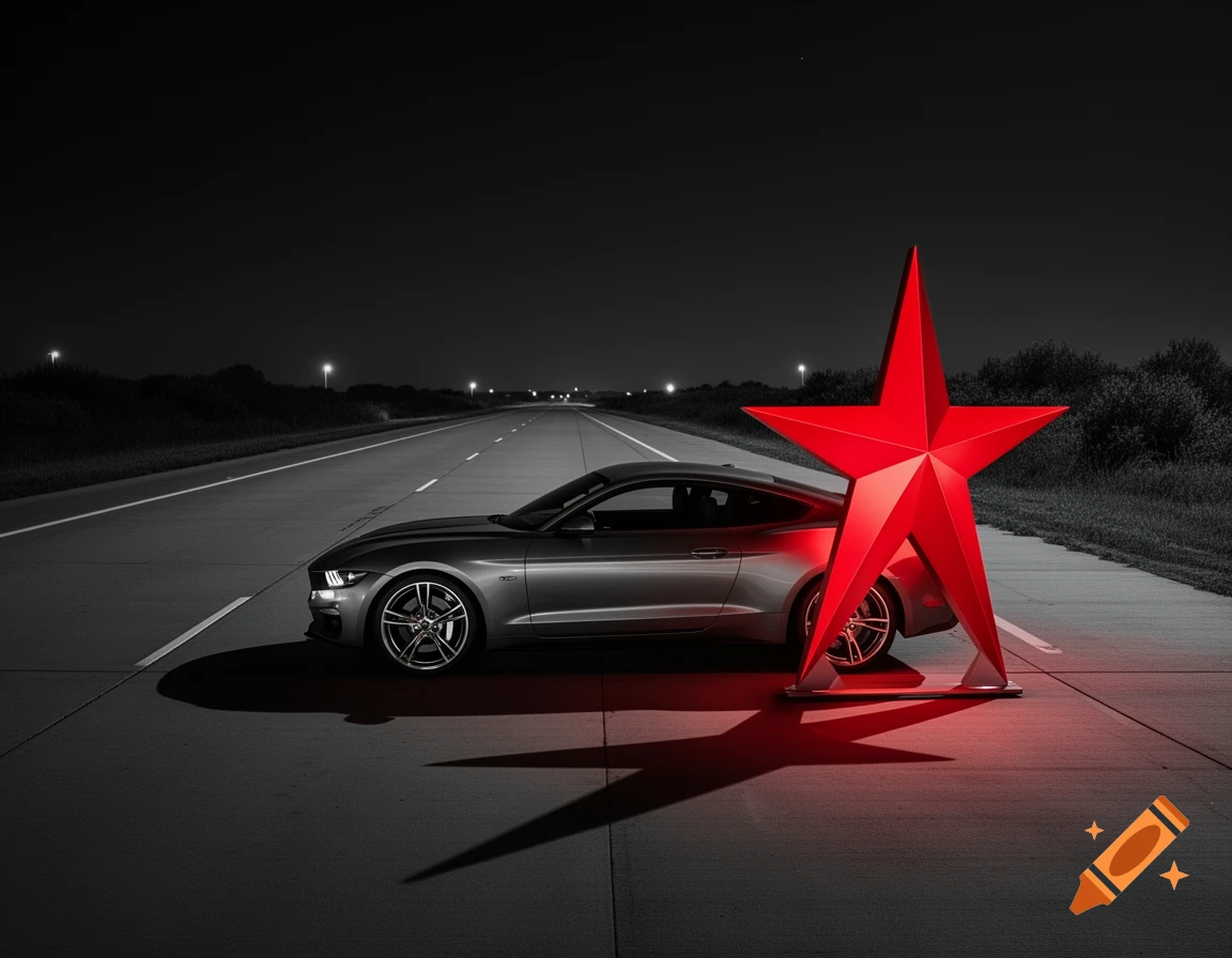 A gray car on a dark highway at night, parked next to a large red 3D star, with selective color effects.