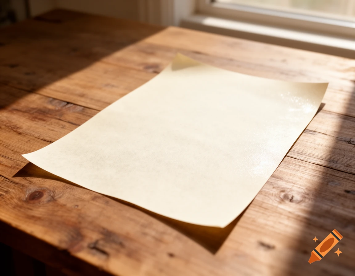 A blank piece of paper lies on a rustic wooden table, illuminated by sunlight from a window.