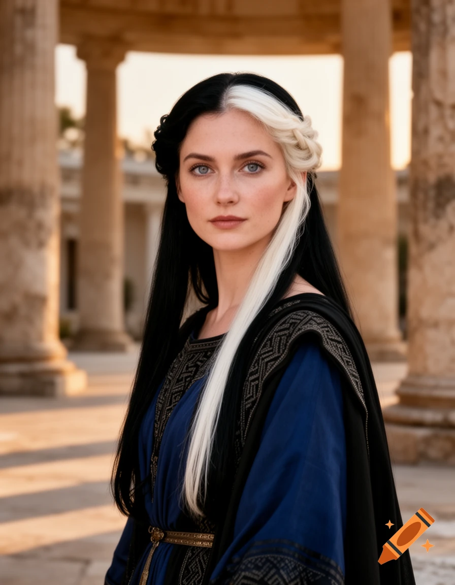 A fair-skinned woman with striking half-black, half-white hair and blue eyes, wearing an ancient dark blue tunic, stands before stone columns.