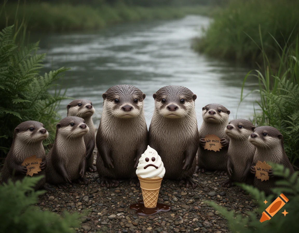 Photorealistic otters gather by a river, looking at a melting ice cream cone with a sad face. Some otters hold 'We miss you' signs.