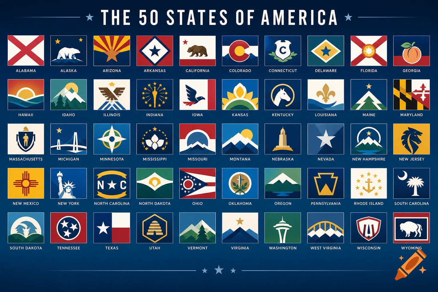 A grid of 50 minimalist, logo-style flags for each US state, with state names below them, on a dark blue background.