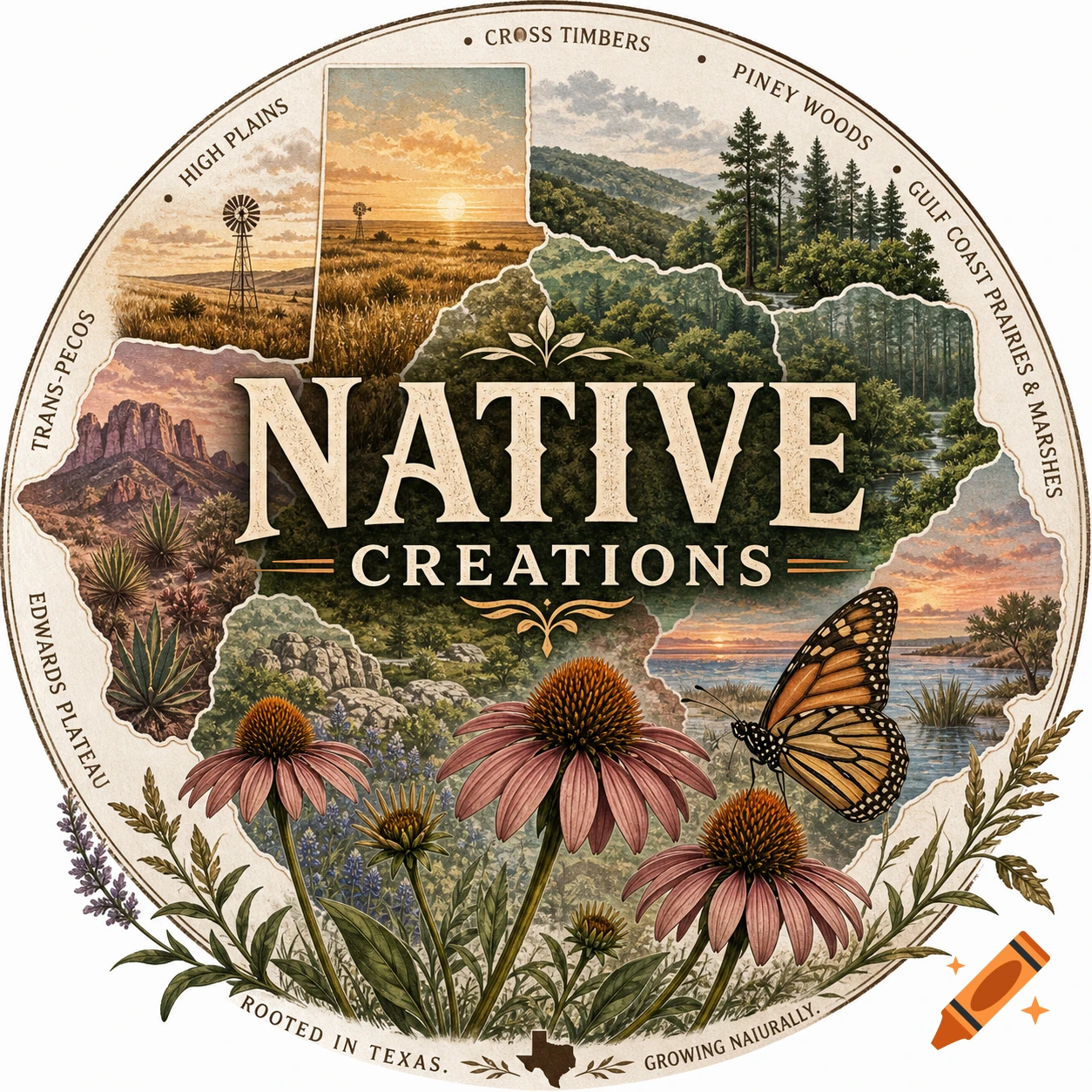 Circular logo with a Texas map filled with landscapes, coneflowers, and a monarch butterfly. Text reads "NATIVE CREATIONS".