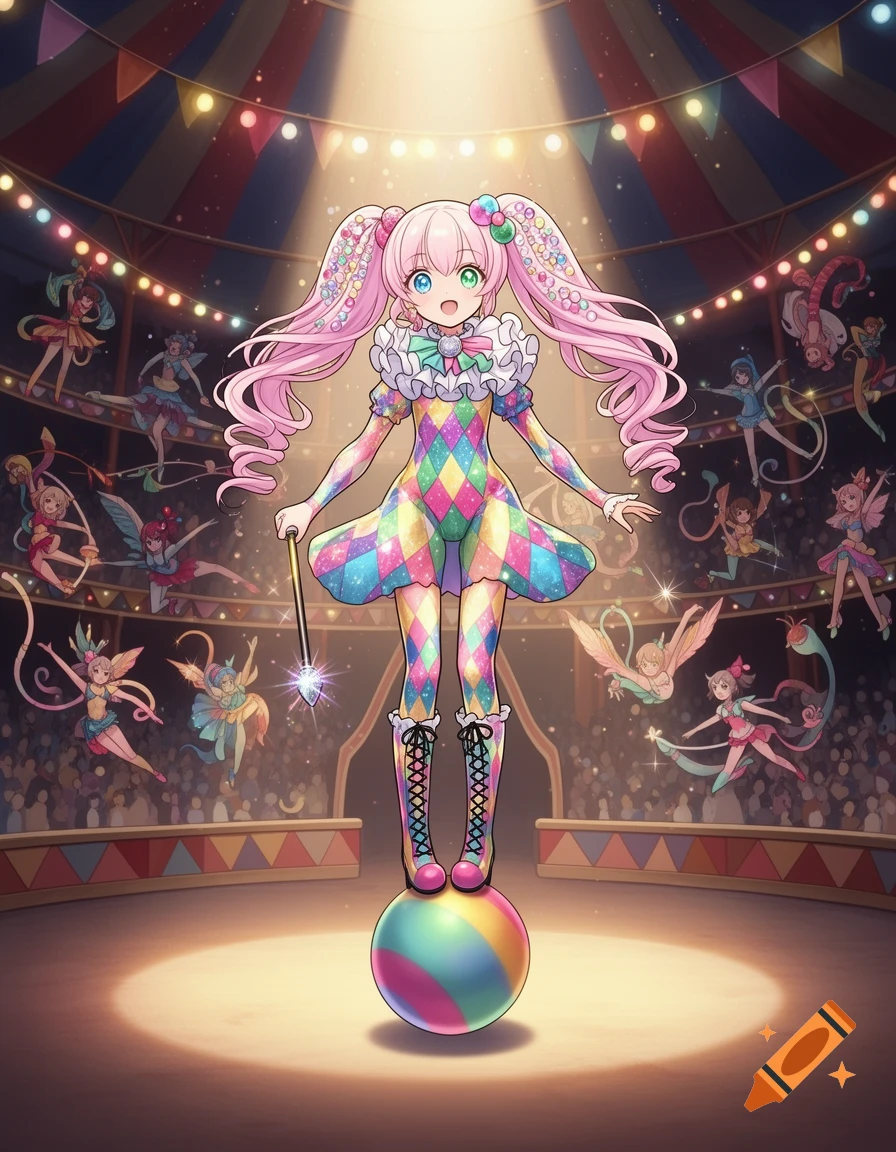 Anime girl clown in colorful harlequin outfit balances on a ball under a spotlight in a circus tent.