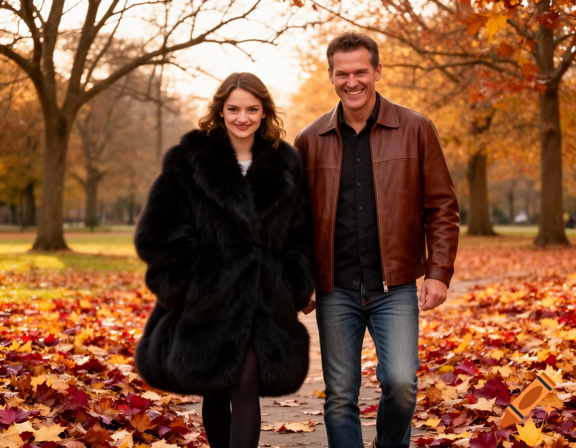 A smiling young woman in a black fur coat and an older man in a brown leather jacket walk arm-in-arm on a path covered in fall leaves.