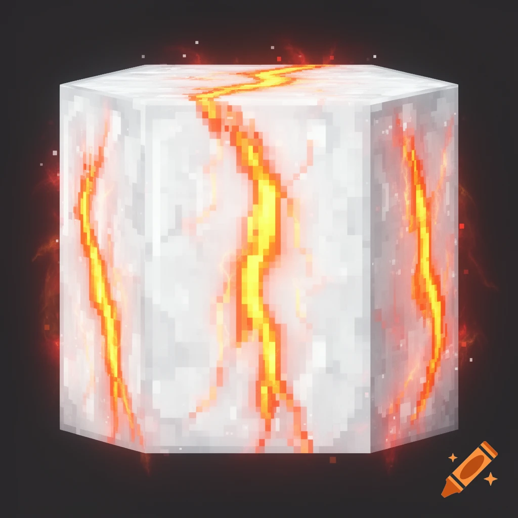 A glowing, pixelated white cube with orange and yellow energy cracks, reminiscent of a magical Minecraft block, on a dark background.