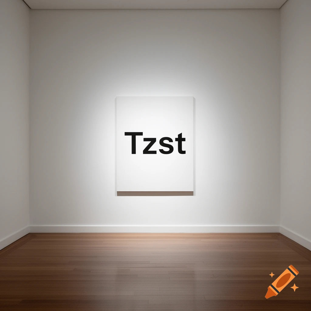 A white canvas with the black word "Tzst" hangs on a white wall in an empty modern art gallery room with a wooden floor.