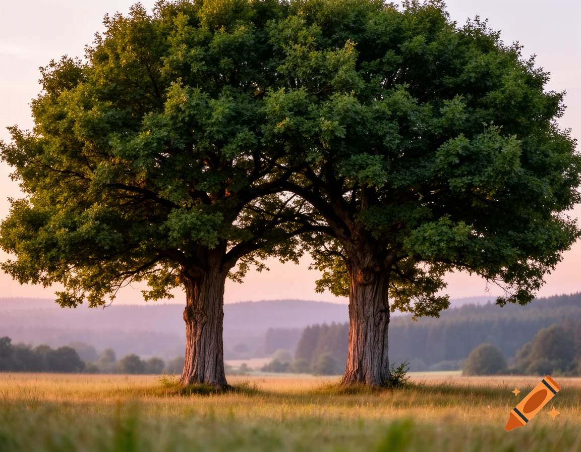 Two large trees with lush green crowns stand in a golden field under a pastel sky during sunset or sunrise.