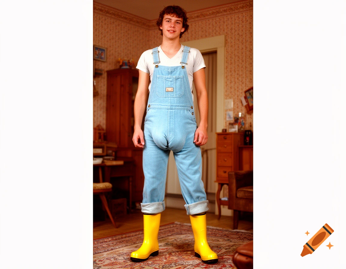 A young man wearing light blue overalls and yellow rain boots stands in a retro-style room.