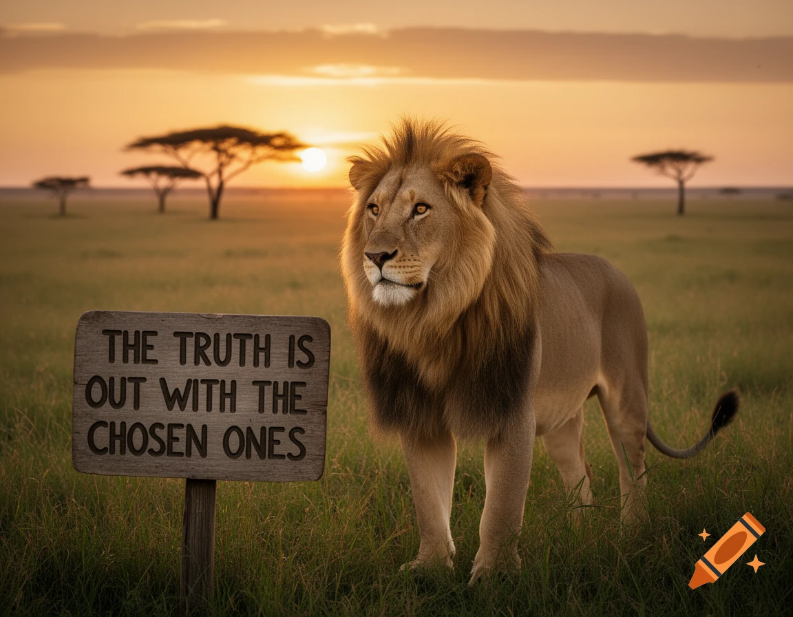 A majestic male lion stands next to a wooden sign reading 'THE TRUTH IS OUT WITH THE CHOSEN ONES' in a grassy savanna at sunset. Photorealistic.