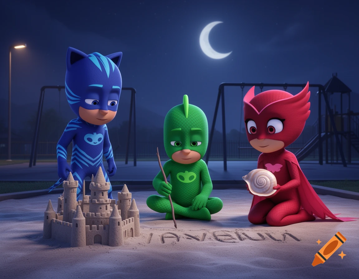 Catboy, Gekko, and Owlette from PJ Masks playing in a playground at night with a sandcastle. Gekko draws in the sand while Owlette holds a seashell.