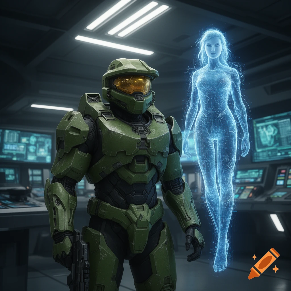 Master Chief in green armor stands next to a blue holographic Cortana in a sci-fi control room.