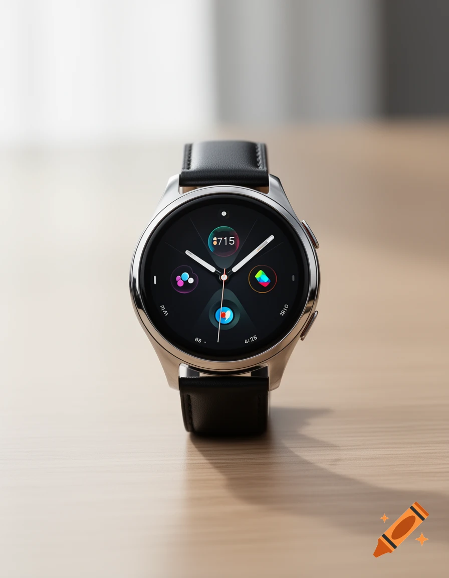 A photorealistic close-up of a silver smartwatch with a black leather strap, displaying a dark interface with colorful icons and numbers, sitting on a light wooden surface.
