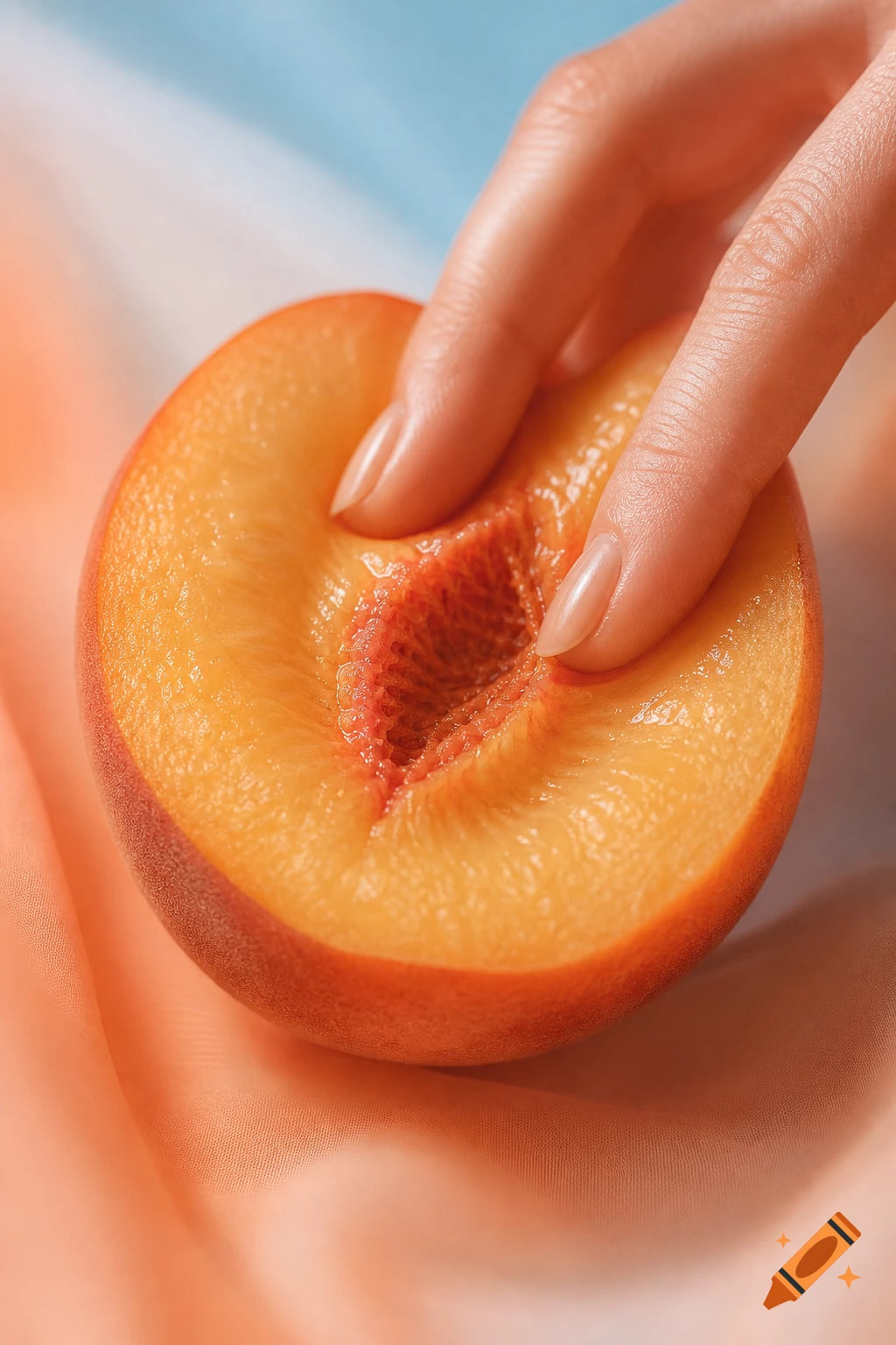Close-up of a hand gently pressing into the juicy flesh of a cut peach half, photorealistic.