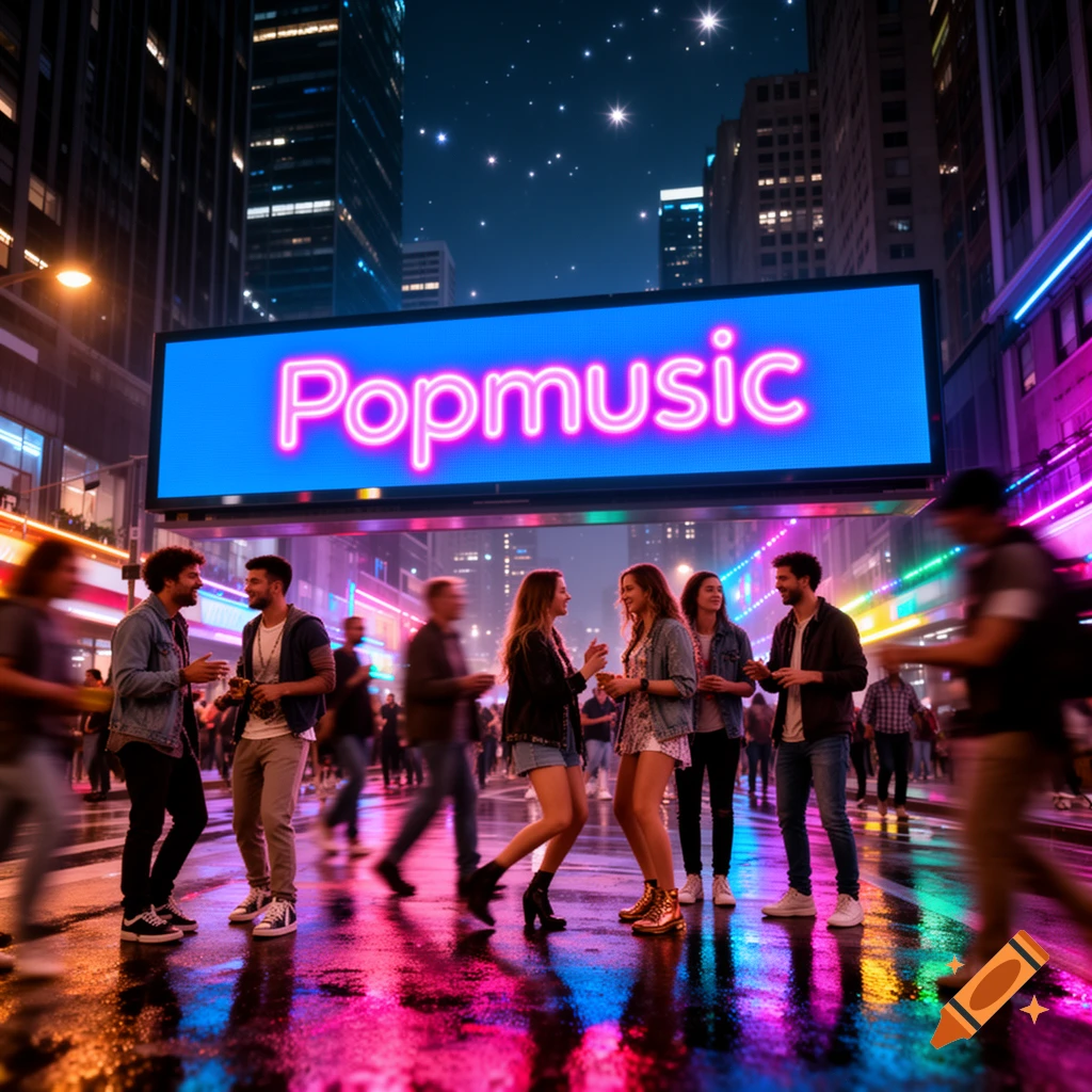 A bustling city street at night, illuminated by neon lights reflecting on wet pavement. A large billboard above displays the word "Popmusic" in bright pink neon. Groups of young people socialize and walk on the street.