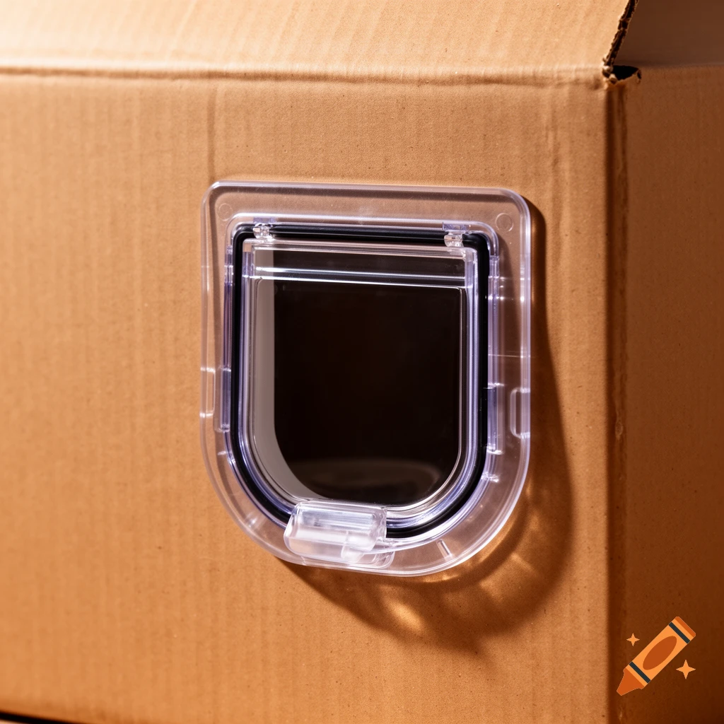 A close-up of a clear plastic cat flap installed into the side of a brown cardboard box.