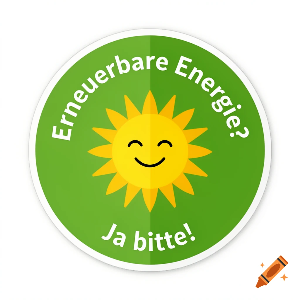 A green round sticker with a smiling yellow sun and the German text 'Erneuerbare Energie? Ja bitte!' in white.