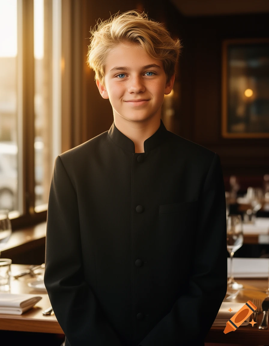 A smiling blond boy with blue eyes in a black server uniform stands in a sunlit restaurant.