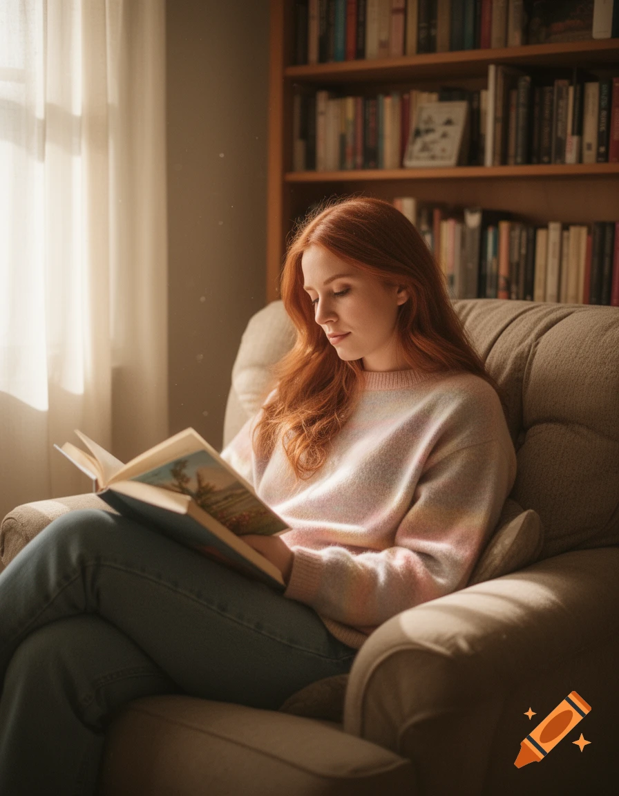 A red-haired woman sits comfortably in an armchair, reading a book by a sunlit window, with a bookshelf behind her.