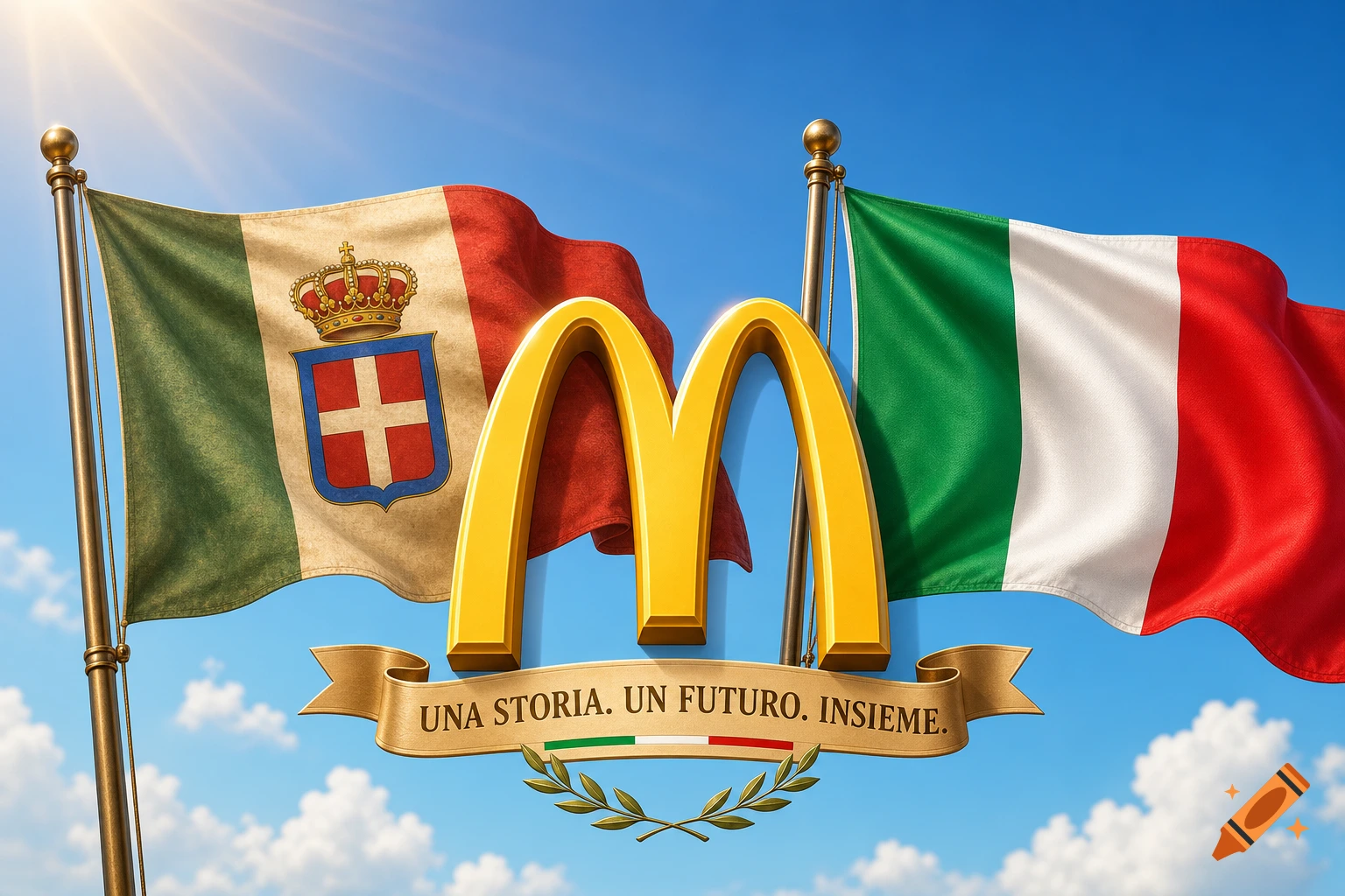 Golden McDonald's logo centered between the historical Kingdom of Italy flag and the modern Italian flag under a blue sky, with a banner reading 'UNA STORIA. UN FUTURO. INSIEME.'