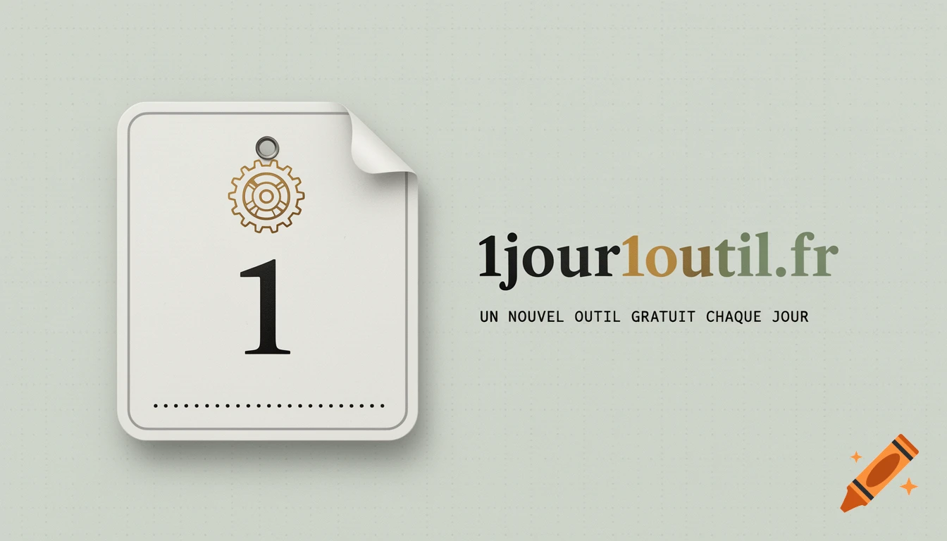 Minimalist web graphic with a white card displaying '1' and a gear, next to '1jour1outil.fr' text.