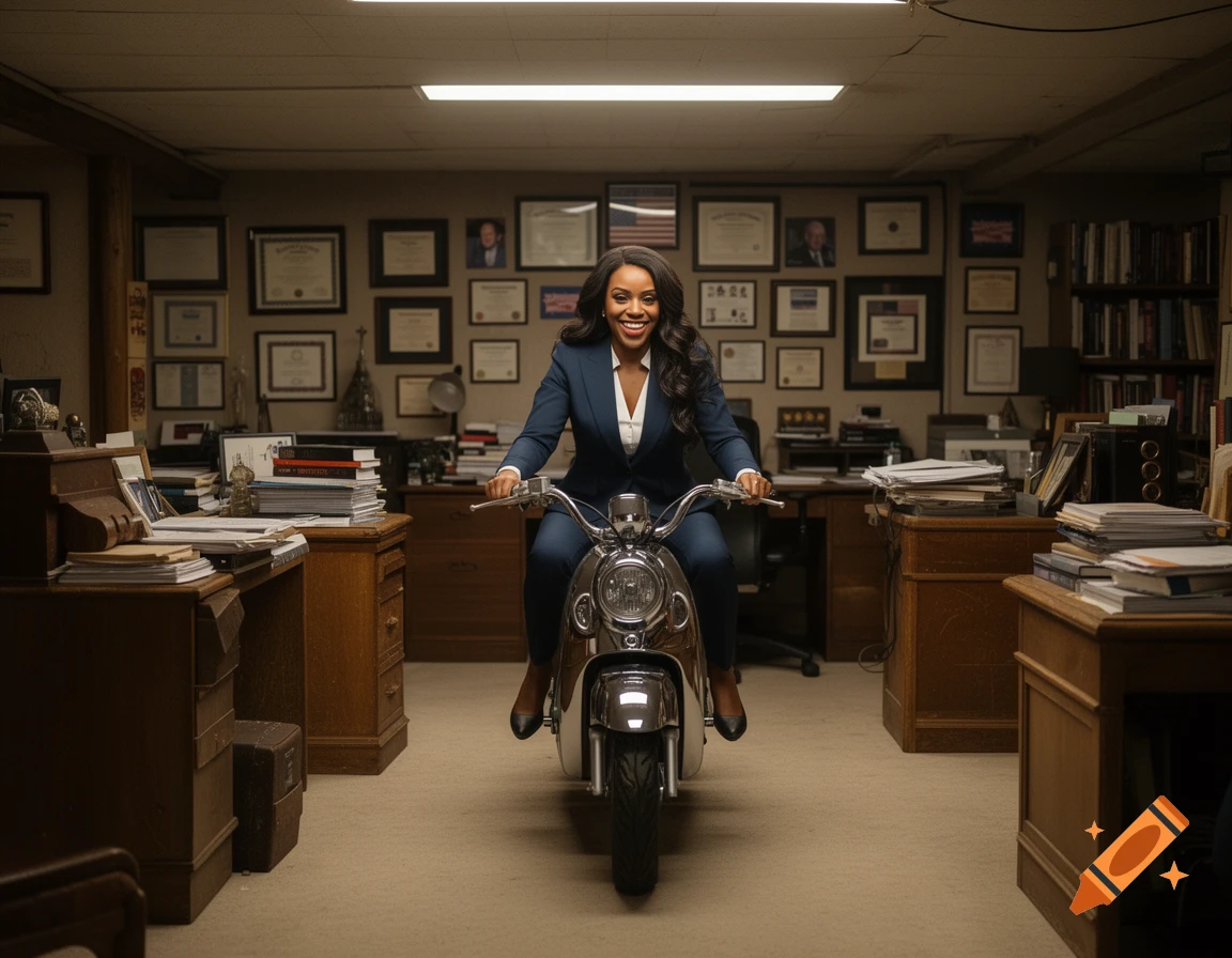 A smiling woman in a navy suit rides a chrome moped through a cluttered basement office with framed certificates and bookshelves.