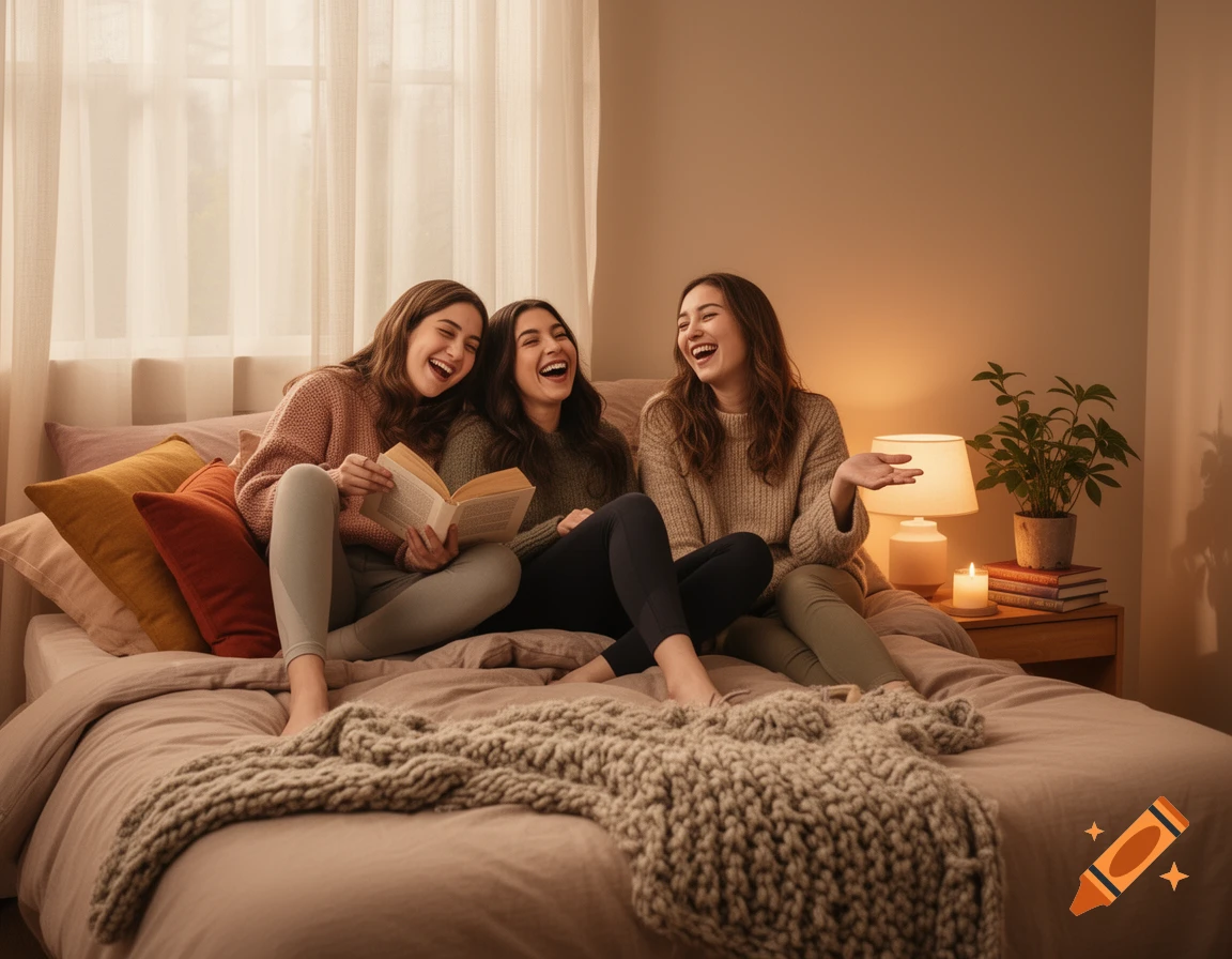 Three young women laughing and reading a book on a bed in a cozy bedroom, photorealistic style.