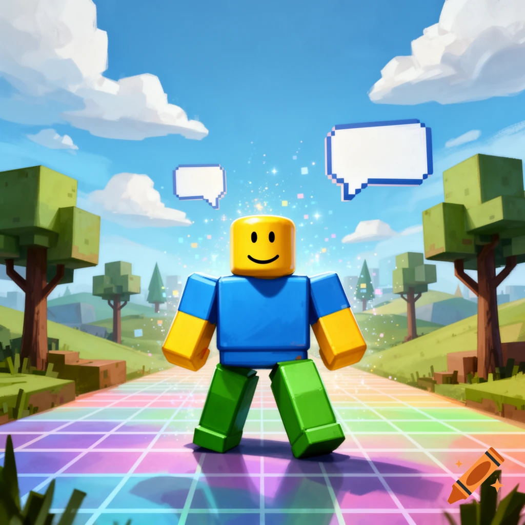 A blocky Roblox noob character stands smiling on a colorful grid path in a Minecraft-style landscape under a blue sky, with empty pixelated speech bubbles floating above.