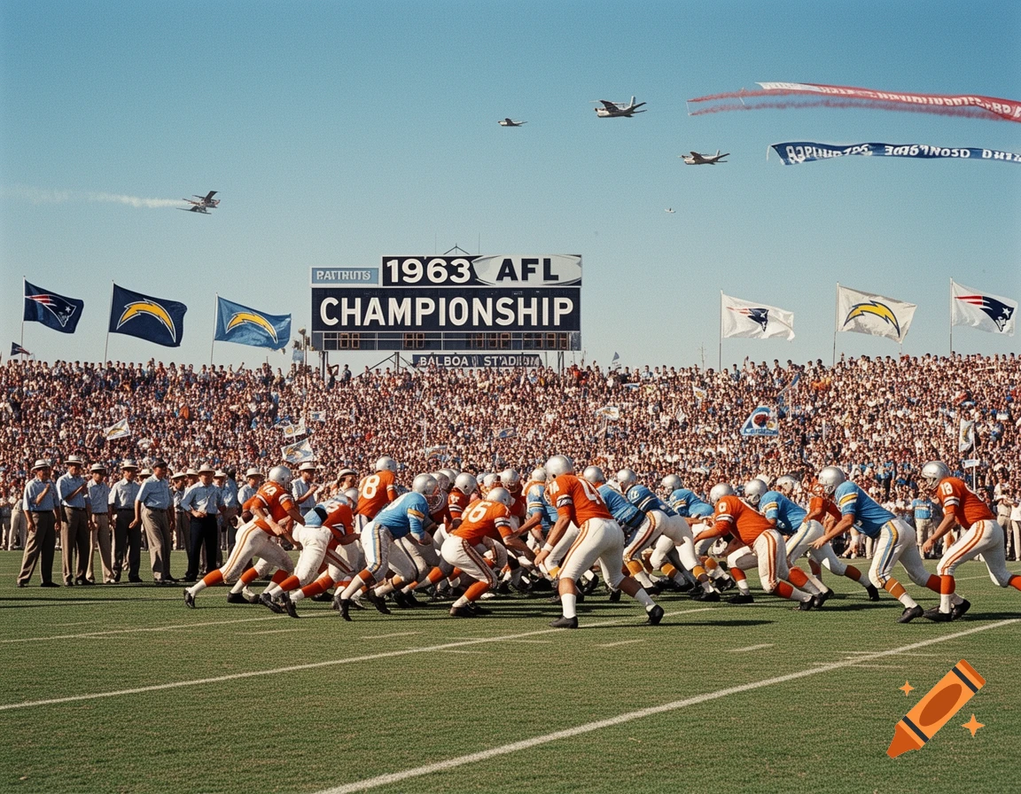 A vintage photograph of the 1963 AFL Championship game at Balboa Stadium, with players on the field, a crowd, and jets overhead.