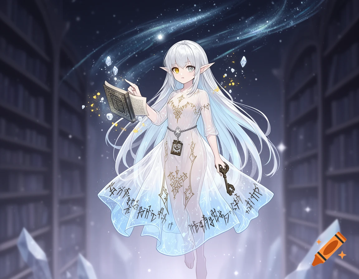 An anime elf girl with white hair and heterochromia stands in a library, holding an open magical book and a key.