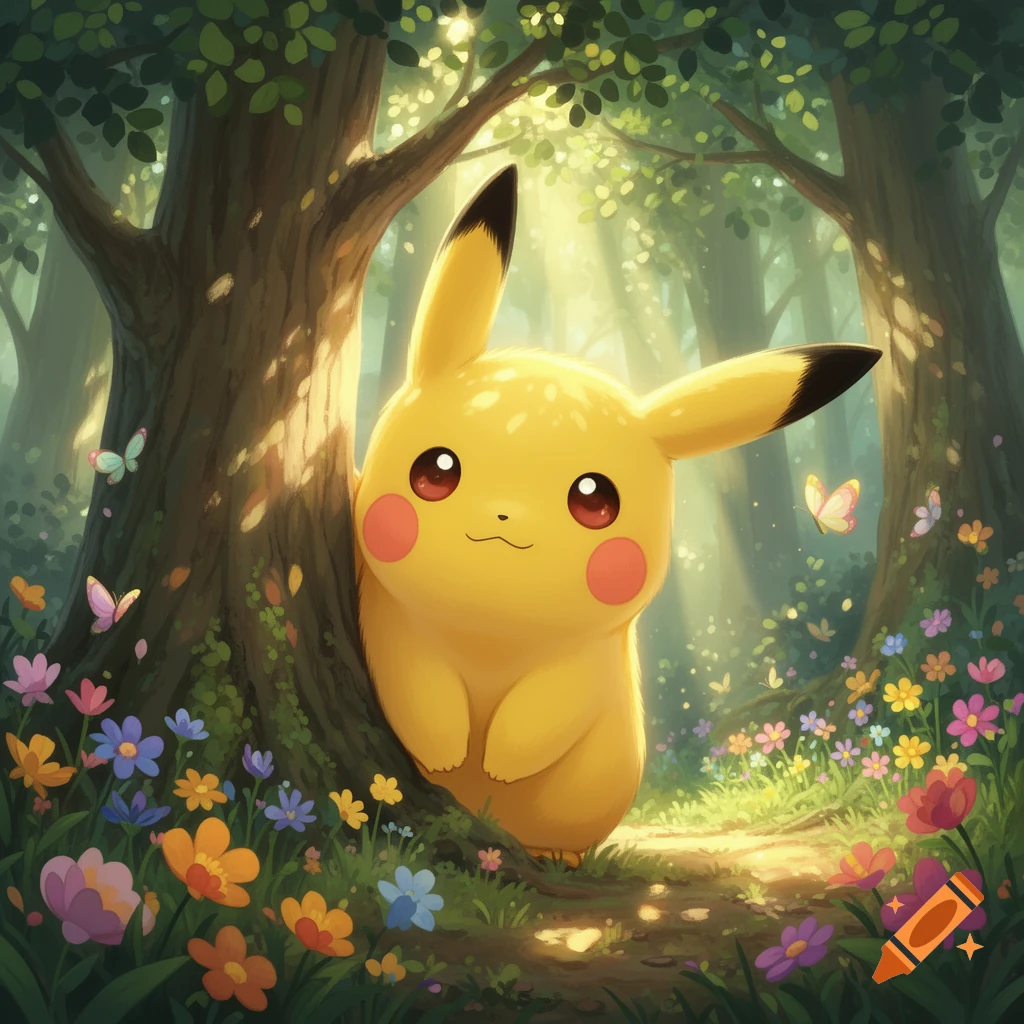 Pikachu peeks from behind a tree in a sunny, flower-filled forest.